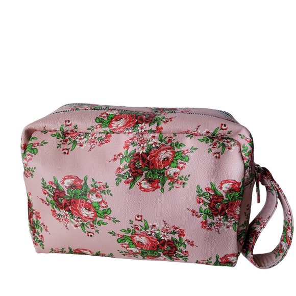 Betsey Johnson Large Double Zip Make Up Cosmetic Bag Pink Floral Red Roses - Picture 2 of 12